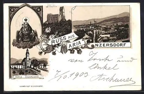 Lithographie Maria Enzersdorf, Schloss Lichtenstein, Ortspartie, Totalansicht