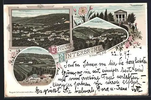 Lithographie Hinterbrühl, Böldrichsmühle, Husarentempel, Panorama