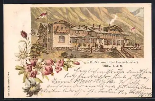 Lithographie Puchberg am Schneeberg, Gruss vom Hotel Hochschneeberg, Edelweiss, Blumen, Fahnen