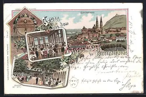 Lithographie Klosterneuburg, Gasthaus Stiftskeller, Veranda, Speisesaal und Fasselrutschen