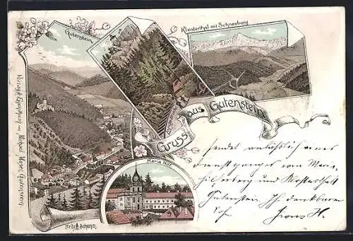 Lithographie Gutenstein, Klostertal, Lange Brücke und Maria Hilf