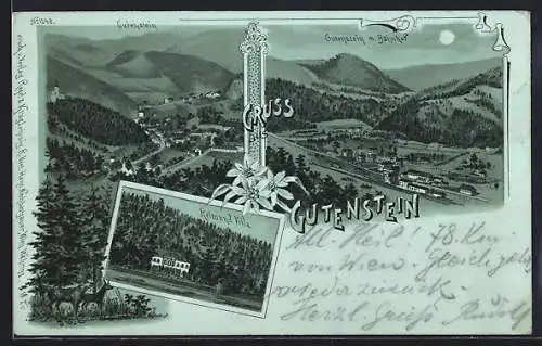 Mondschein-Lithographie Gutenstein, Ortansicht mit Bahnhof, Raimund Villa