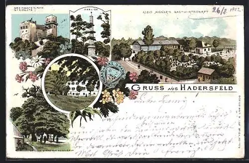 Lithographie Hadersfeld, Alois Aigners Gasthaus, Schloss, Obelisk