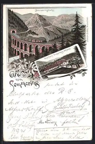 Lithographie Semmering, Gasthaus Erzherzog Johann, Viadukt der Semmeringbahn