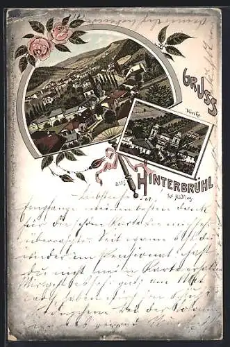 Lithographie Hinterbrühl bei Mödling, Kirche und Ortsansicht im Fächer-Passepartout