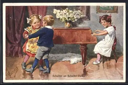 Künstler-AK Karl Feiertag: Schulter an Schulter-Polka, tanzende Kinder