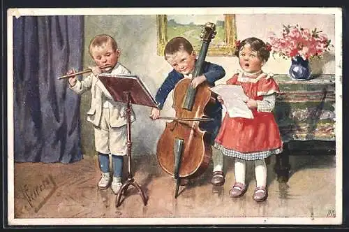 Künstler-AK Karl Feiertag: Es lebe der Reservemann, Musizierende Kinder