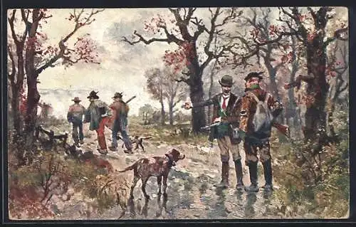 Künstler-AK Brüder Kohn (B.K.W.I) Nr.: Jäger mit Jagdhunden im Wald