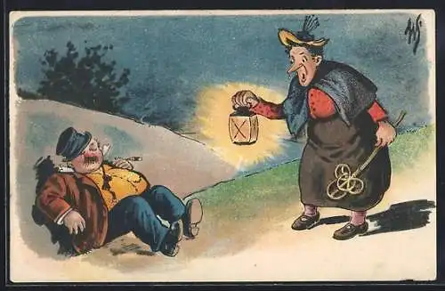 Künstler-AK Willi Scheuermann: Ehefrau findet ihren betrunkenen Mann am Strassenrand