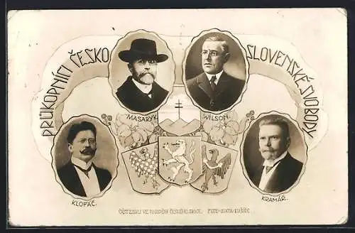 AK Präsident Masaryk (TGM), Präsident der USA Woodrow Wilson, Klopac, Kramar, Porträts, Wappen