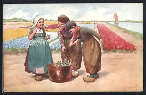 Künstler-AK Karl Feiertag: Drei Kinder vor Feld mit Krebsfang am Kanal