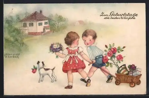 Künstler-AK Hannes Petersen: Kinderpaar zieht Wagen mit Geschenk und Blumen, Geburtstagsgruss
