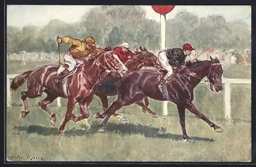 Künstler-AK Ludwig Koch: Jockeys auf Pferden bei einem Rennen