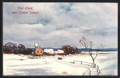 Künstler-AK August Splitgerber: Winterliche Landschaft mit Kirche, Neujahrsgruss