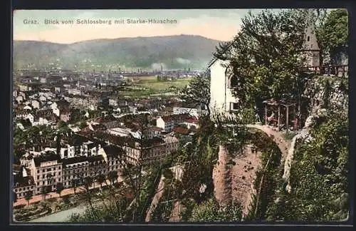 AK Graz, Blick vom Schlossberg mit Starke - Häuschen