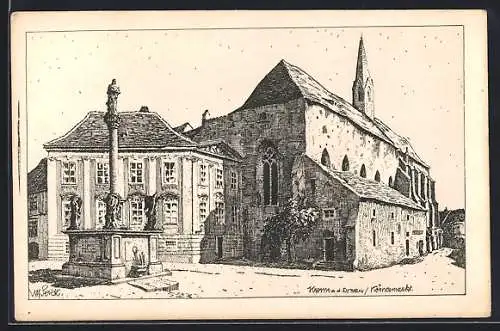 Künstler-AK Ulf Seidl: Krems, Körnermarkt mit Säule