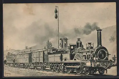 Künstler-AK Eisenbahn-Tschechien, Rychlik Kolem Roku 1860, Personenzug mit Dampflok