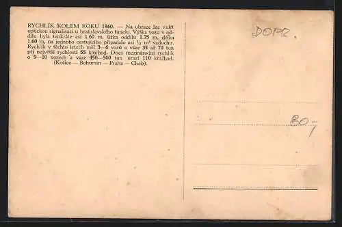 Künstler-AK Eisenbahn-Tschechien, Rychlik Kolem Roku 1860, Personenzug mit Dampflok