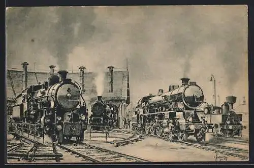 Künstler-AK Pred Vytopnou, Lokomotive 3650 der tschechischen Eisenbahn