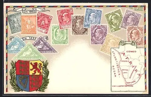 Künstler-AK Cap der guten Hoffnung, Landkarte mit Angola, Kapland, und Congo, Briefmarken und Wappen