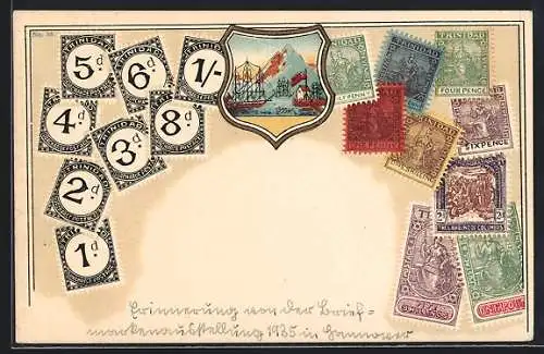 AK Trinidad, Wappen mit Segelschiff und Briefmarken