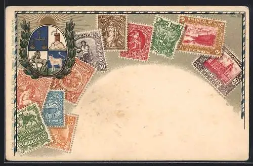 AK Uruguay, Wappen & versch. Briefmarken