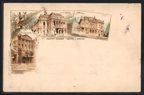 Lithographie Budapest, Szinhazak, Nemzeti Szinhaz, Nepszinhaz Magyar Kir. Posta Wert 2 F.