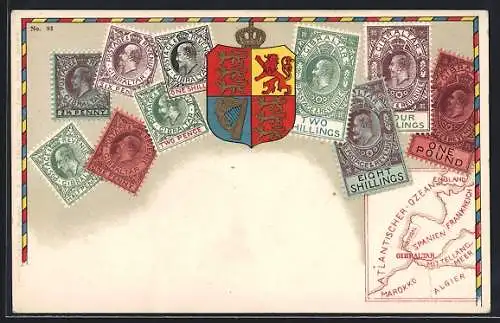 AK Briefmarken aus Gibraltar, Landkarte unten