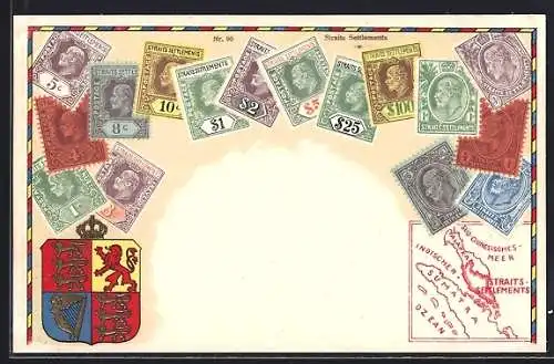 AK Briefmarken, Straits Settlements, Landkarte Sumatra, Malakka