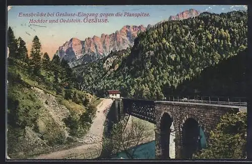 AK Enns, Ennsbrücke bei Gesäuse-Eingang gegen die Planspitze