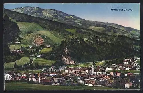 AK Mürzzuschlag, Ortsansicht aus der Vogelschau mit Hügeln