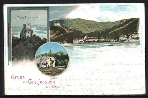 Lithographie Greifenstein /Donau, Ruine Greifenstein, Kapelle, Gesamtansicht