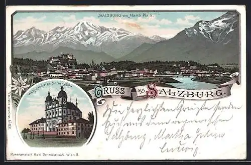 Lithographie Salzburg, Wallfahrtskirche Maria Plain, Teilansicht