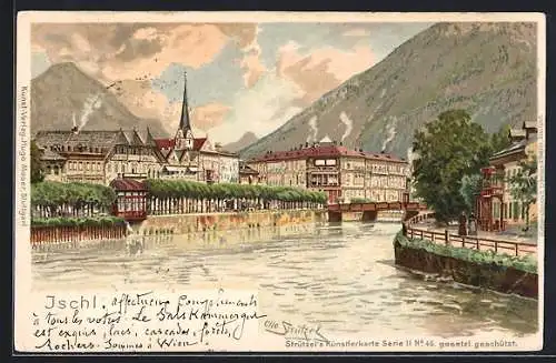 Künstler-AK Otto Strützel: Ischl, Panorama vom Fluss her