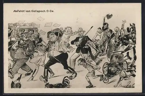 AK Gallspach, Touristen verlassen den Ort mit dem Bus