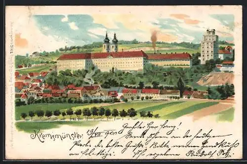 Lithographie Kremsmünster, Kloster im Ortsbild