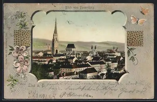 AK Linz a. D., Blick vom Bauernberg mit Kirche, Passepartout