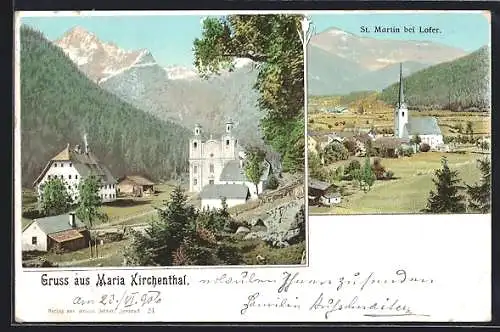 Lithographie St. Martin bei Lofer, Maria Kirchenthal, Teilansicht mit Kirche