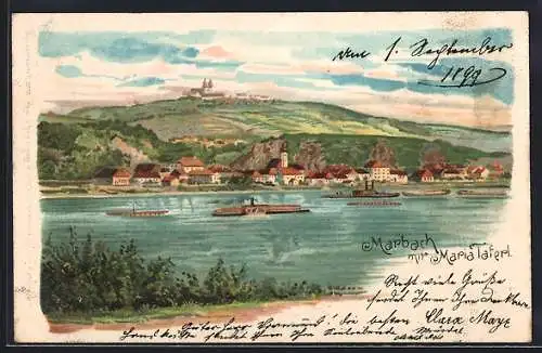 Lithographie Marbach /Donau, Panorama mit Maria Taferl & Dampfern