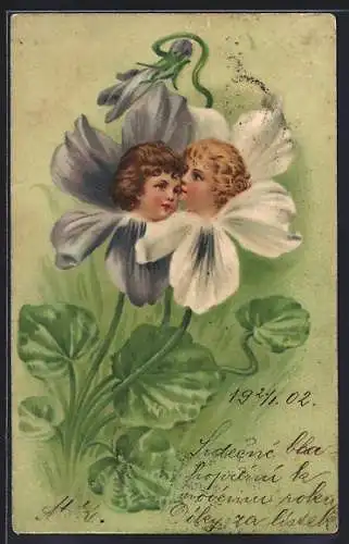 Lithographie Flieget Englein froh hinaus.., Blüten mit Kindergesichtern