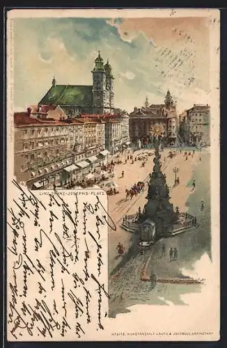 Lithographie Linz a. D., Franz-Josephs-Platz mit Denkmal aus der Vogelschau