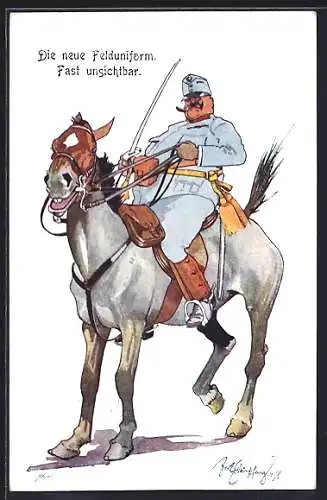 Künstler-AK Fritz Schönpflug: Die neue Felduniform..., Soldat mit Schwert zu Pferde