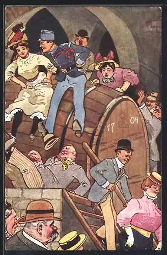 Künstler-AK Fritz Schönpflug: Soldat mit Frau beim Fasselrutschen