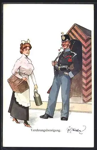 Künstler-AK Fritz Schönpflug: Wachposten flirtet mit einer Dame
