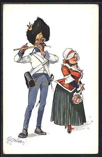 Künstler-AK Fritz Schönpflug: Soldat mit Querflöte und Mädchen mit Blumenstrauss, Karikatur