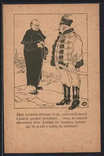 AK Tschechischer Husar in Uniform mit Säbel im Gespräch mit Geistlichem, gefallene Soldaten liegen auf dem Schlachtfeld