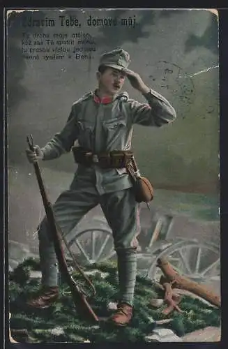 AK Soldat in Uniform mit Gewehr auf dem Schlachtfeld