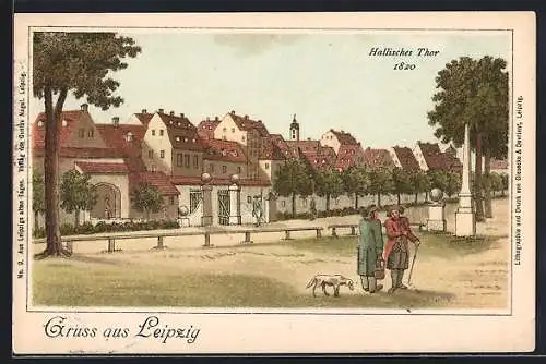 Lithographie Leipzig, Strassenpartie Hallisches Thor 1820