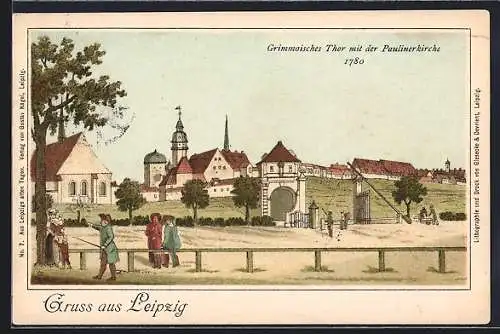 Lithographie Leipzig, Grimmaisches Tor mit der Paulinerkirche um 1780