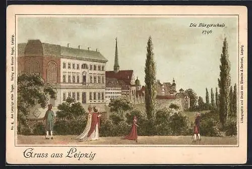 Lithographie Leipzig, Partie an der Bürgerschule um 1796